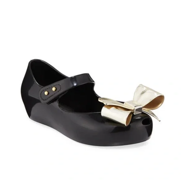 Mini Melissa Ultragirl Classic Mary Jane Flats Black Gold Bow - Picture 1 of 7